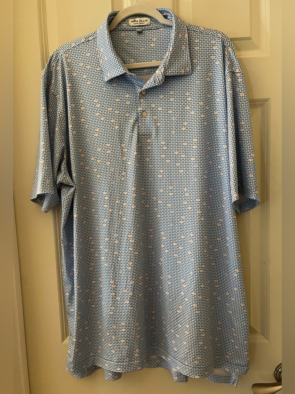 Peter Millar golf polo performance shirt blue & white sunglasses pattern XL
